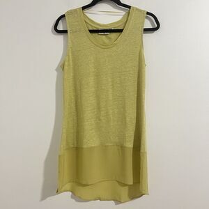 Foil Tank Top Size XS Yellow Linen Silk Trim Sleeveless Blouse Minimalist Tunic